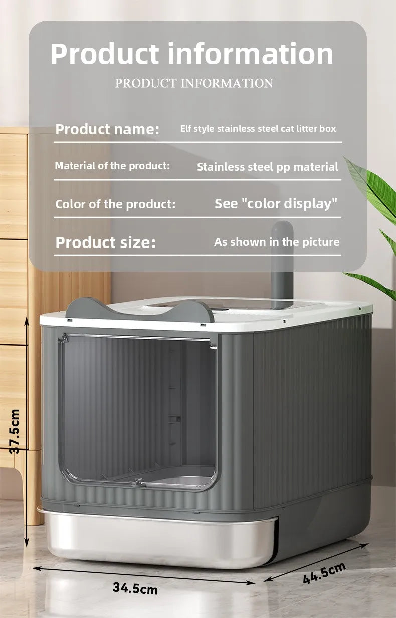 Automatic Self Cleaning Enclosed Cat Litter Box XXL Stainless Steel Drawer Anti Splash Odor Control Antibacterial Easy Clean