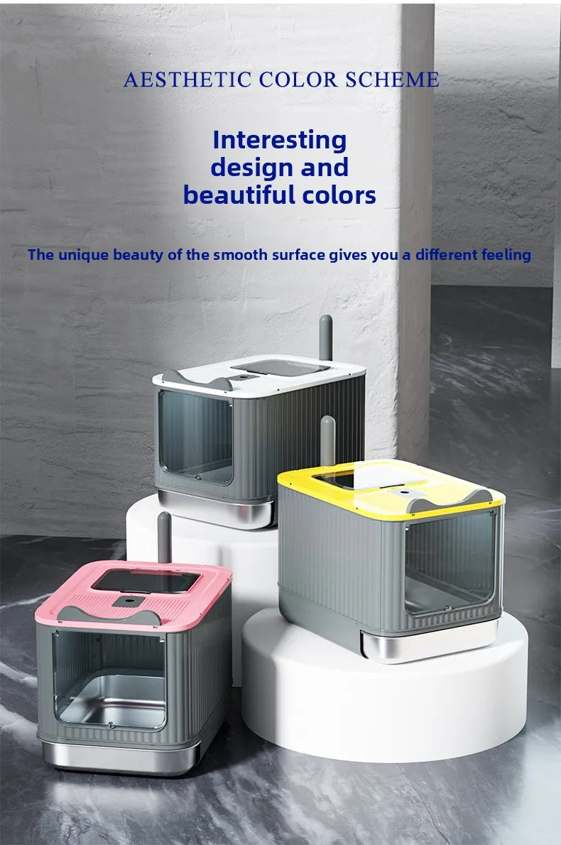 Automatic Self Cleaning Enclosed Cat Litter Box XXL Stainless Steel Drawer Anti Splash Odor Control Antibacterial Easy Clean
