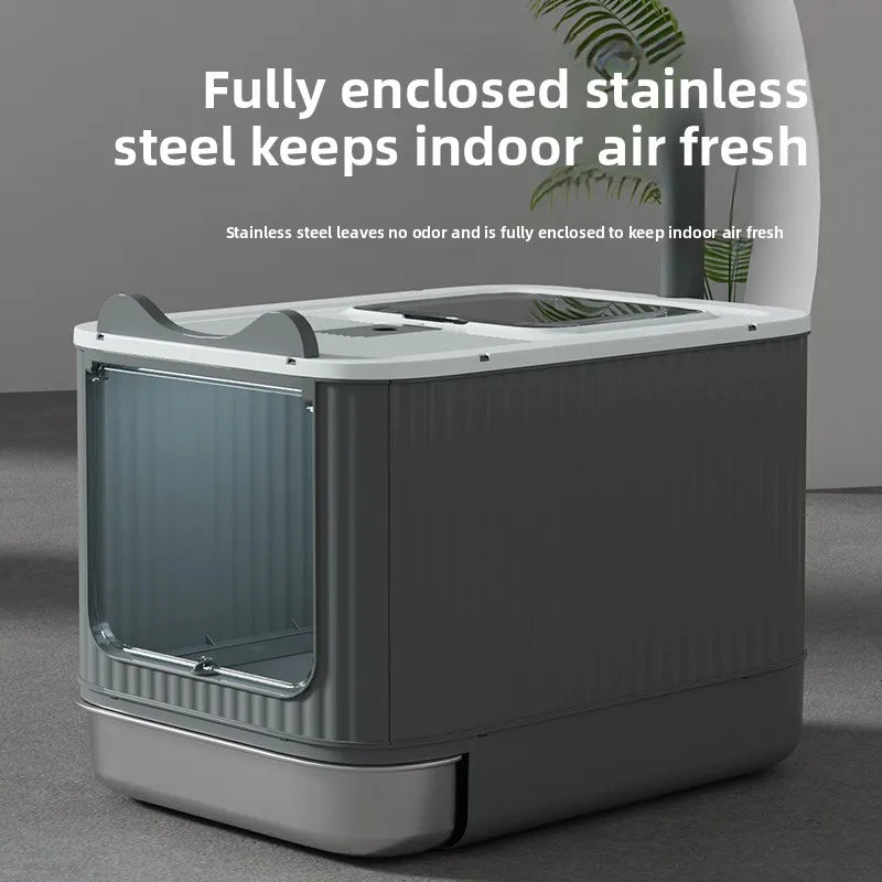 Automatic Self Cleaning Enclosed Cat Litter Box XXL Stainless Steel Drawer Anti Splash Odor Control Antibacterial Easy Clean