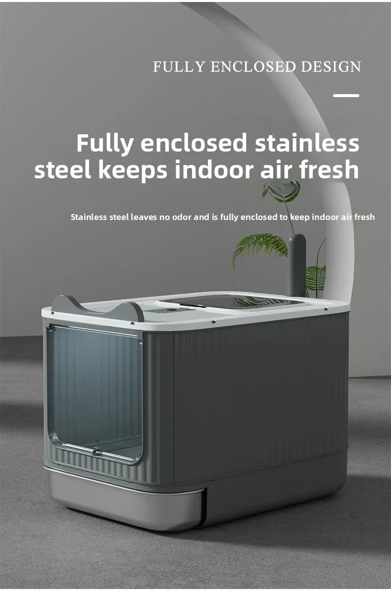 Automatic Self Cleaning Enclosed Cat Litter Box XXL Stainless Steel Drawer Anti Splash Odor Control Antibacterial Easy Clean